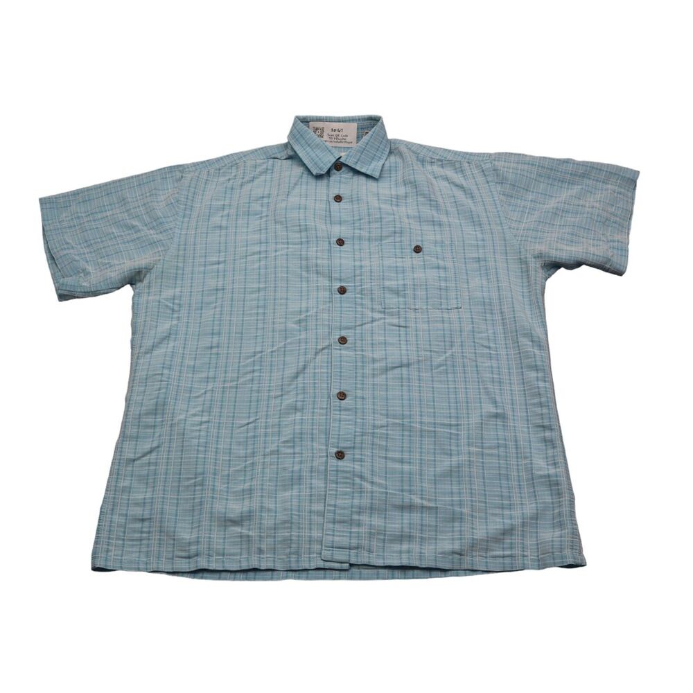 Moda Campia Shirt Mens M Blue check Short Sleeve Buttons Pocket Hawaiian
